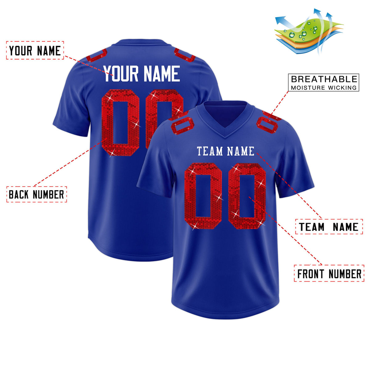 Custom Royal Blue White sequin lettering Breathable Football Jersey| KXKSHOP