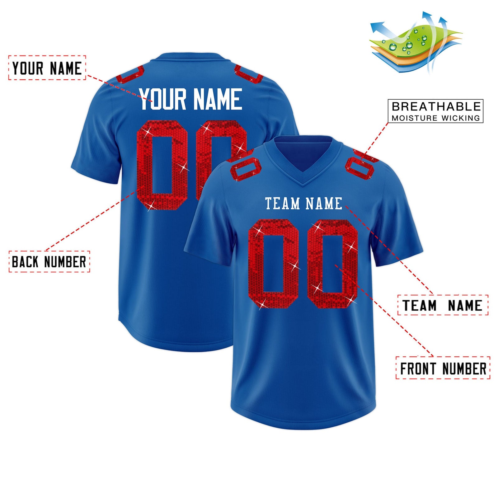 Custom Royal White sequin lettering Stretch Fabric Football Jersey| KXKSHOP