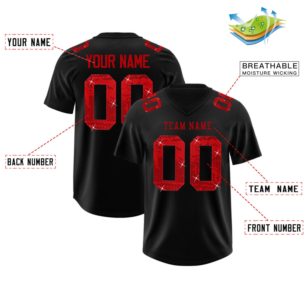 Custom Black Red sequin lettering Breathable Football Jersey| KXKSHOP