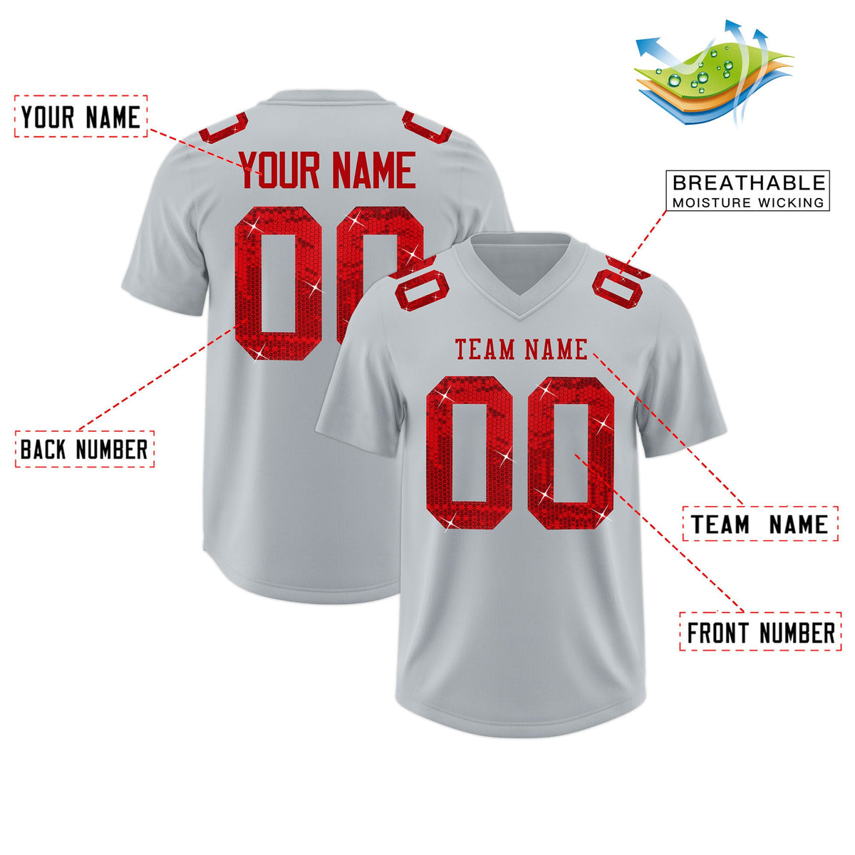 Custom Silver Red sequin lettering Stretch Fabric Football Jersey| KXKSHOP