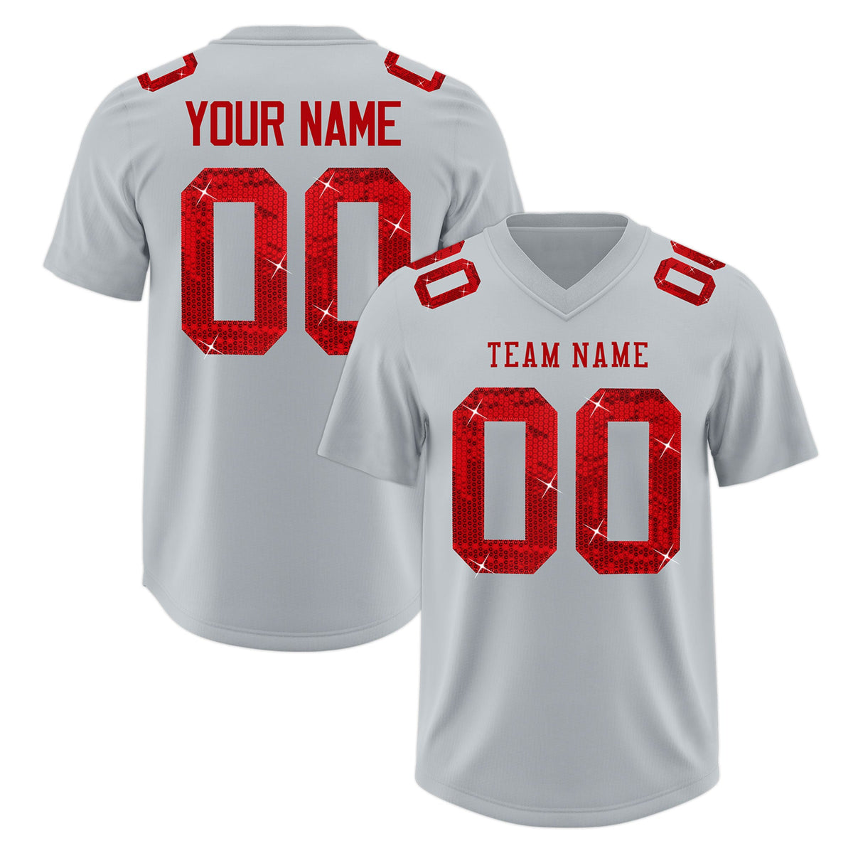 Custom Silver Red sequin lettering Stretch Fabric Football Jersey| KXKSHOP