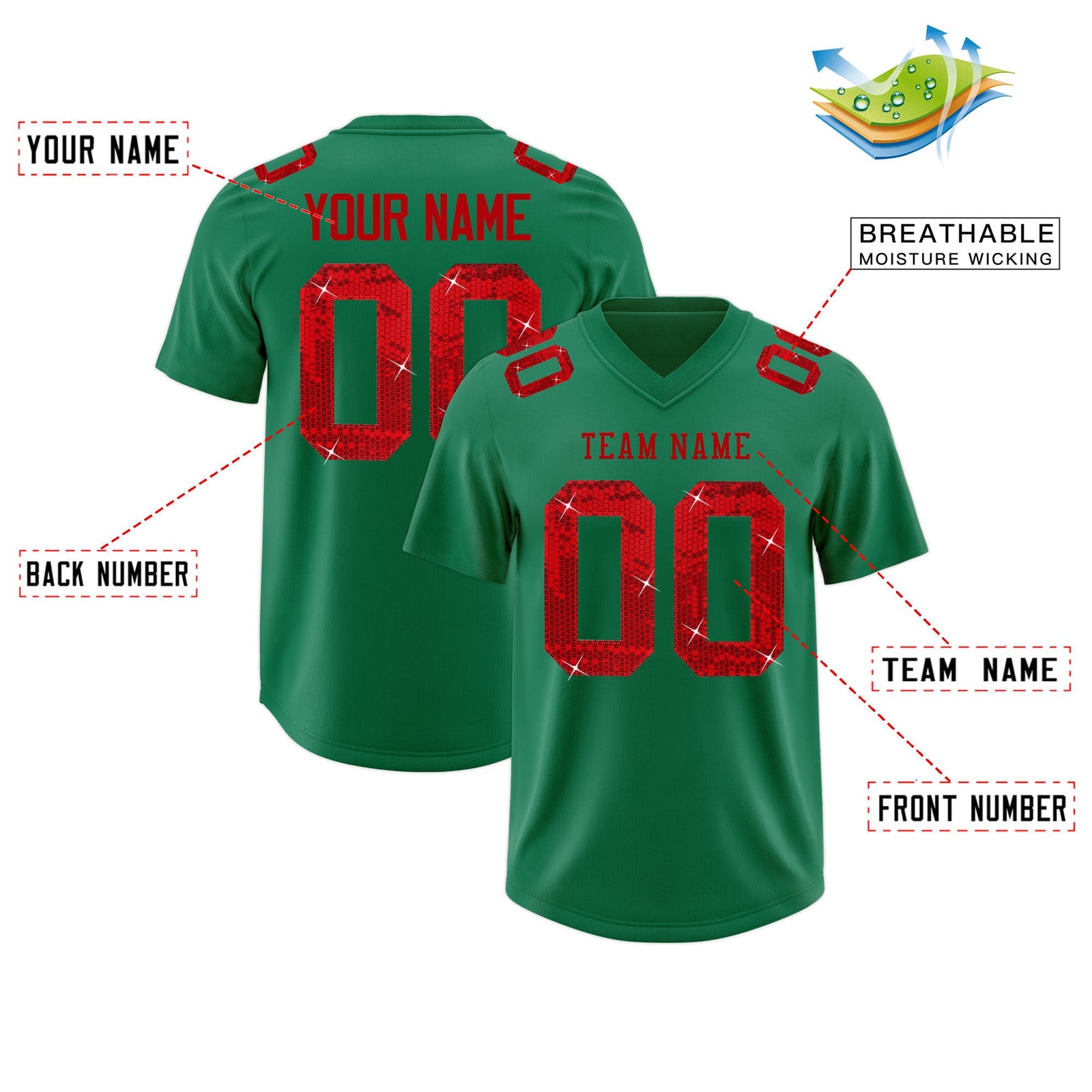 Custom Kelly Green Red sequin lettering Breathable Football Jersey| KXKSHOP