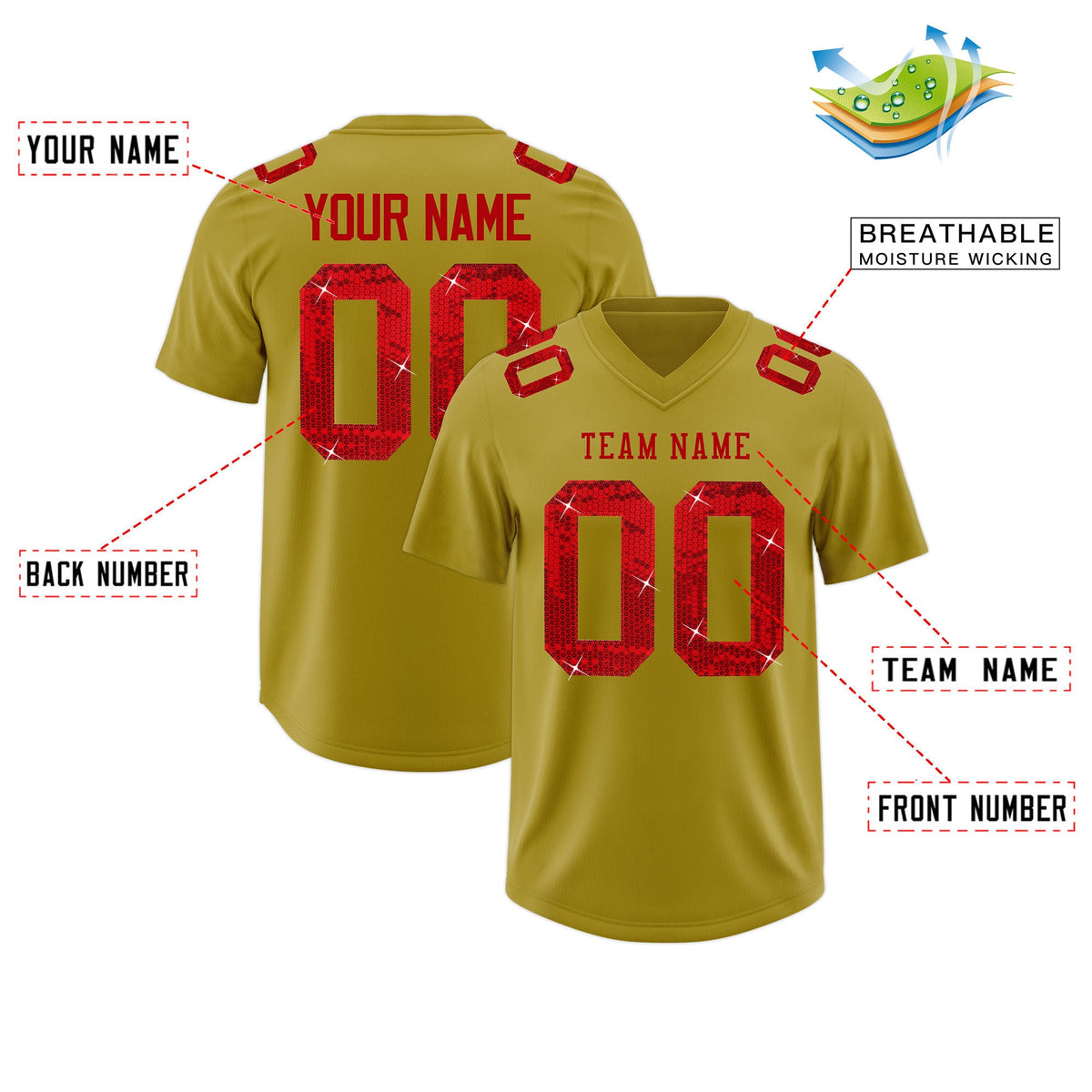 Custom Old Gold Red sequin lettering Stretch Fabric Football Jersey| KXKSHOP