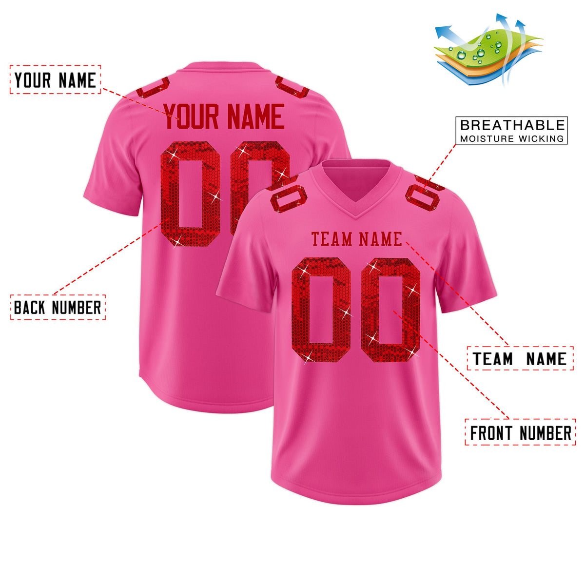 Custom Pink Red sequin lettering Stretch Fabric Football Jersey| KXKSHOP