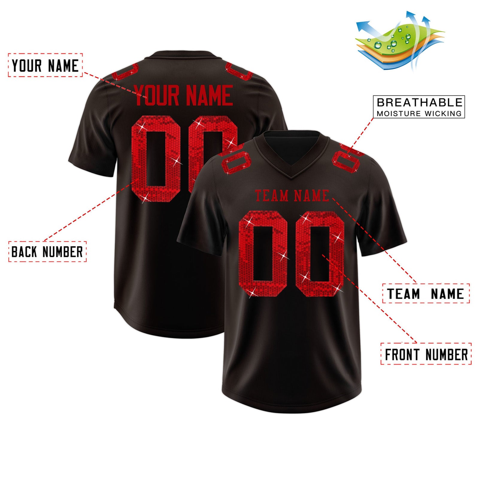 Custom Brown Red sequin lettering Moisture-Wicking Football Jersey| KXKSHOP