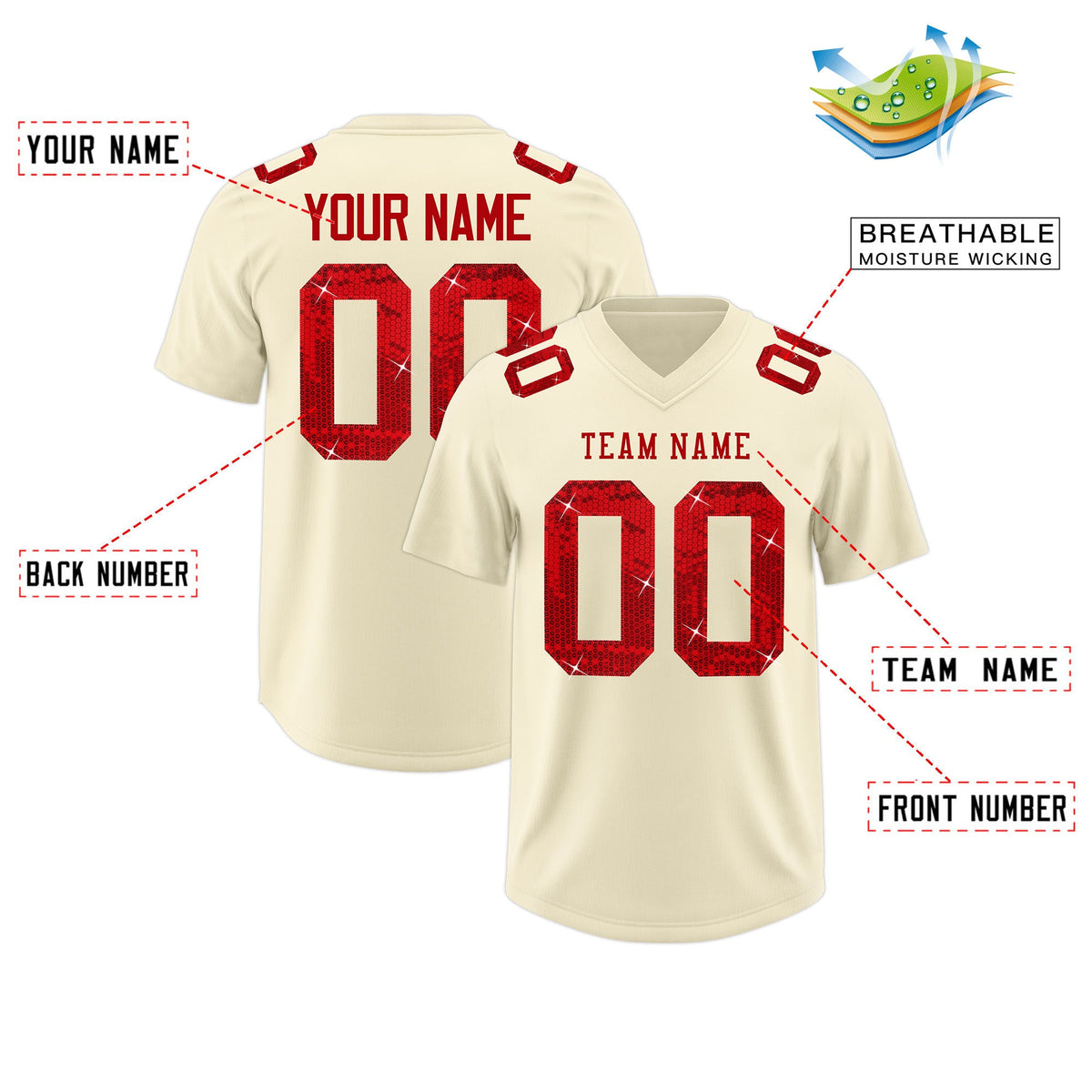 Custom Cream Red sequin lettering Breathable Football Jersey| KXKSHOP