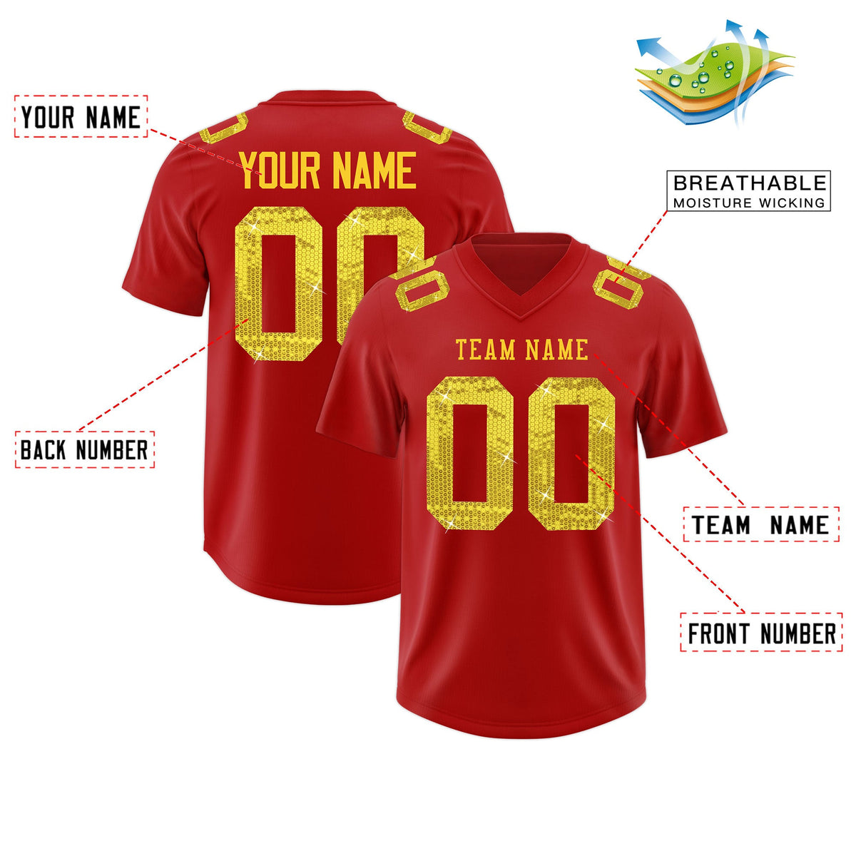 Custom Red Gold sequin lettering Moisture-Wicking Football Jersey| KXKSHOP