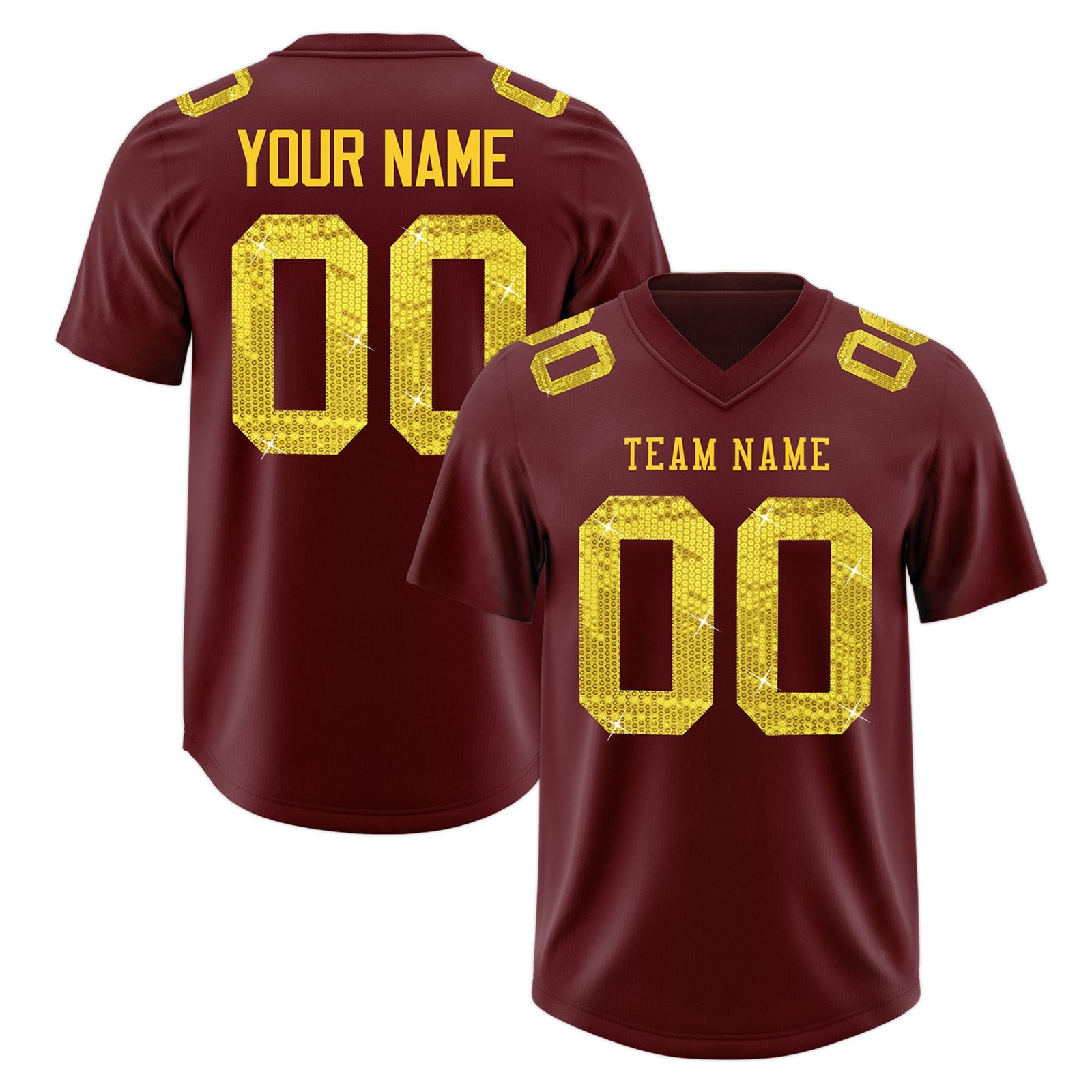 Custom Burgundy Gold sequin lettering Stretch Fabric Football Jersey| KXKSHOP