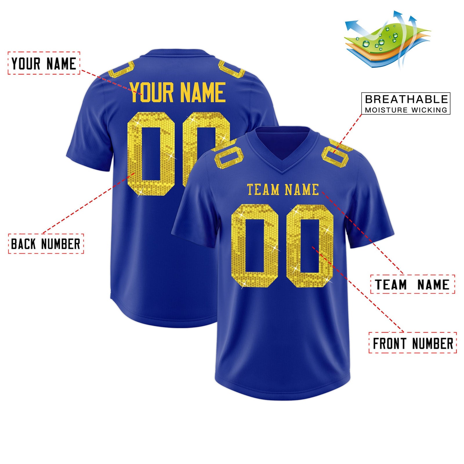 Custom Royal Blue Gold sequin lettering Moisture-Wicking Football Jersey| KXKSHOP