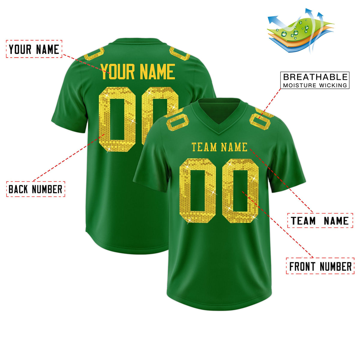 Custom Kelly Green Gold sequin lettering Stretch Fabric Football Jersey| KXKSHOP