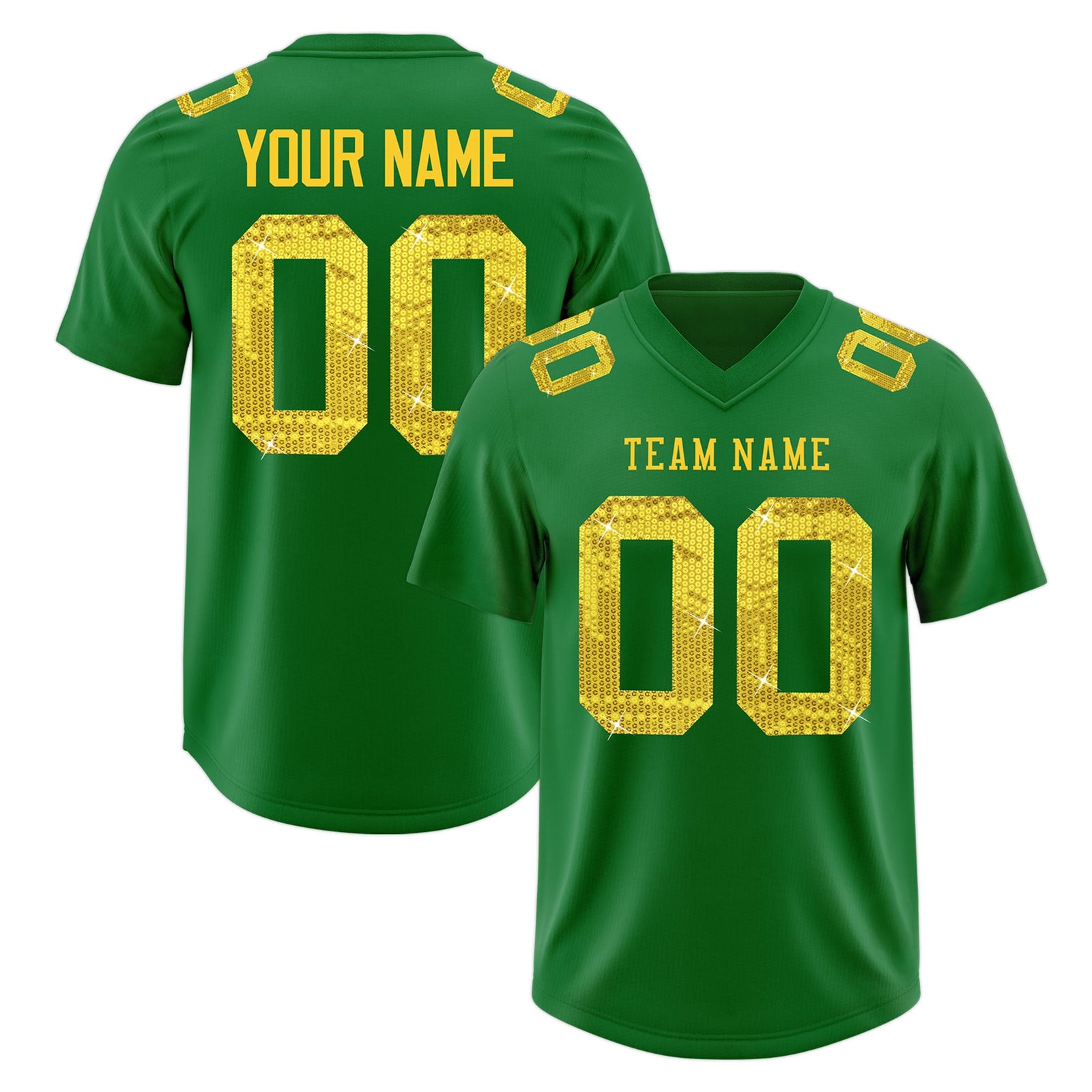 Custom Kelly Green Gold sequin lettering Stretch Fabric Football Jersey| KXKSHOP