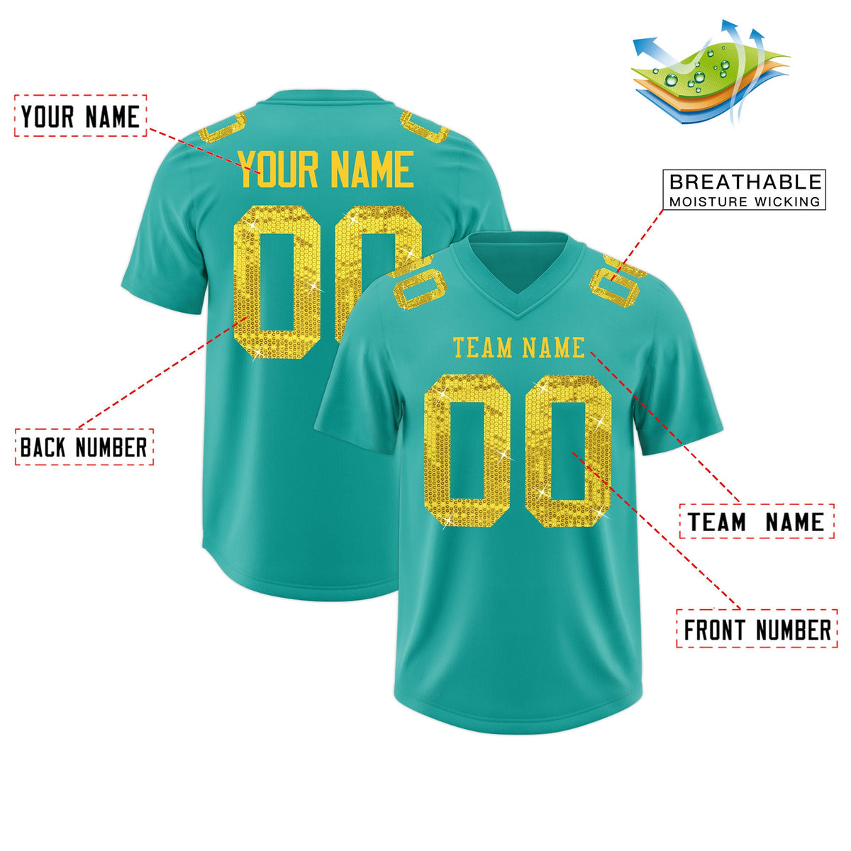 Custom Teal Gold sequin lettering Moisture-Wicking Football Jersey| KXKSHOP
