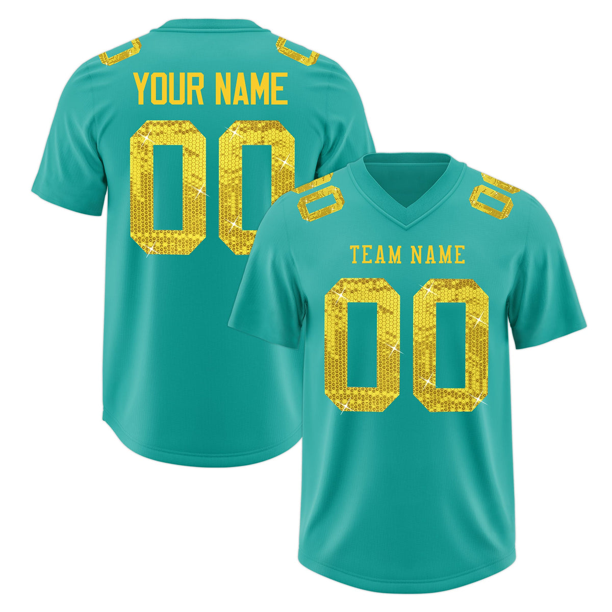 Custom Teal Gold sequin lettering Moisture-Wicking Football Jersey| KXKSHOP