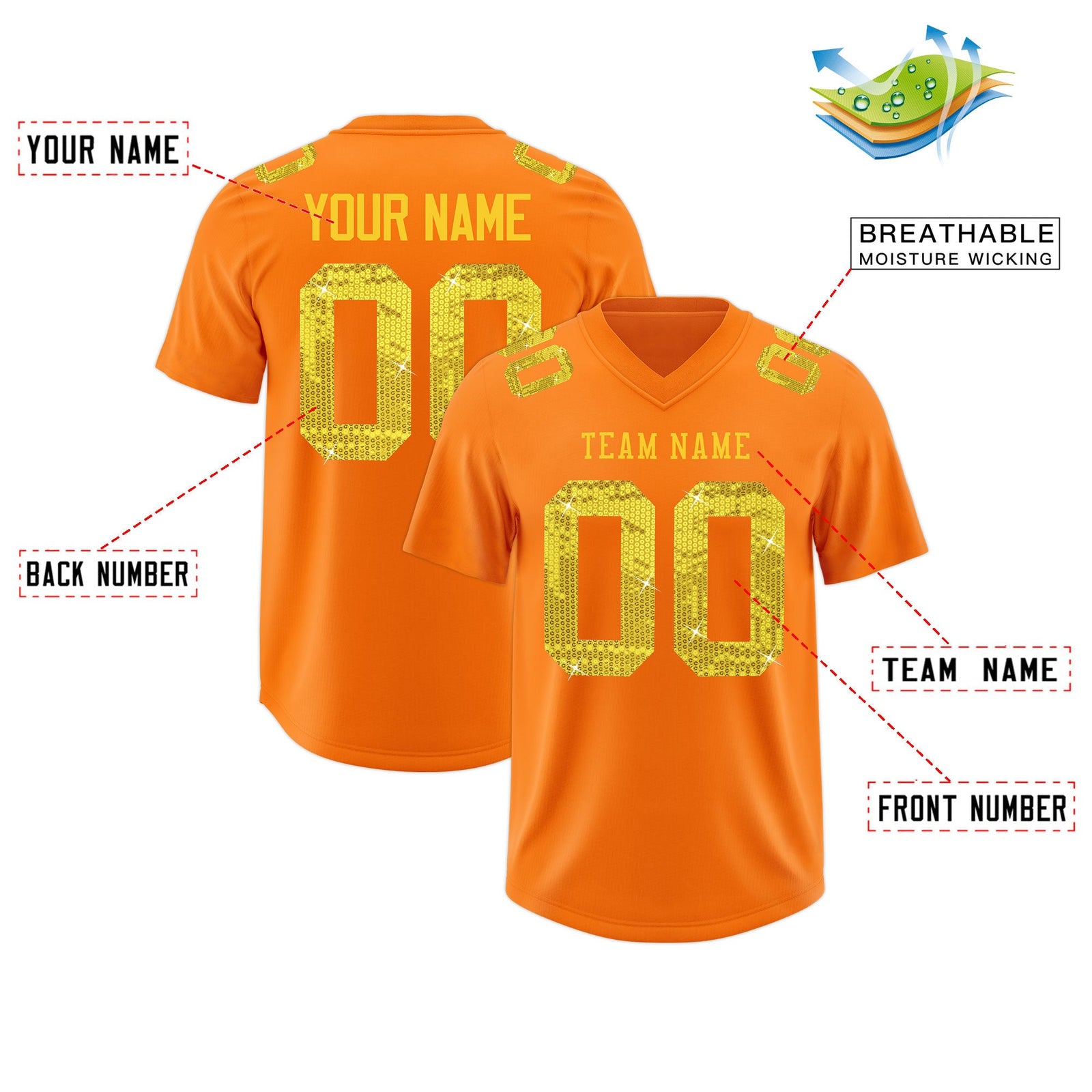 Custom Orange Gold sequin lettering Breathable Football Jersey| KXKSHOP