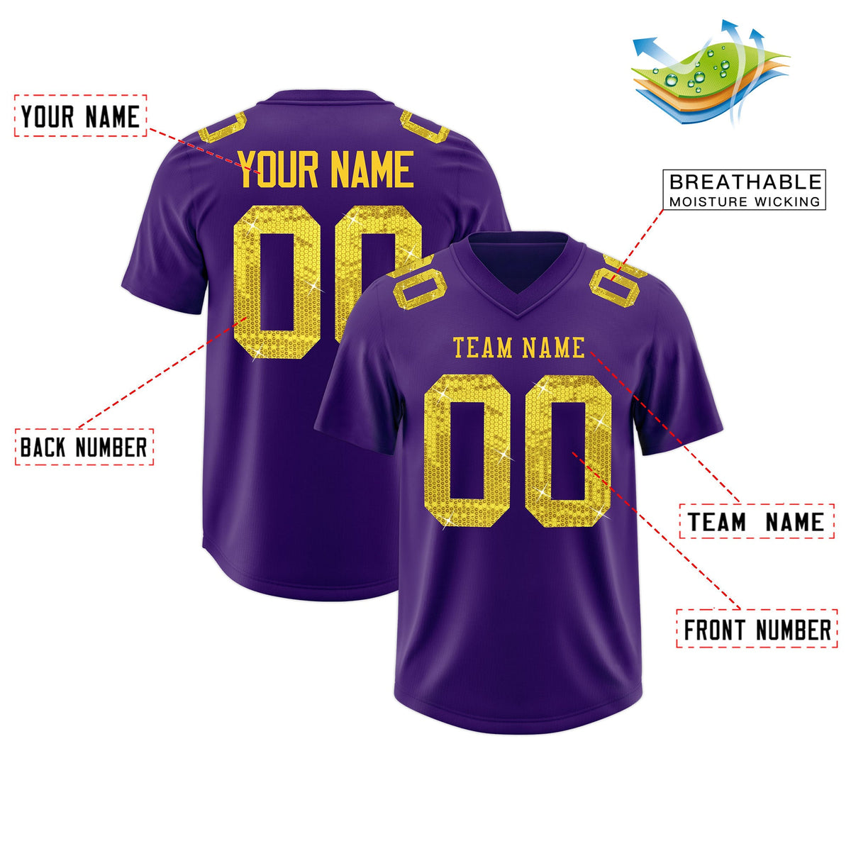 Custom Purple Gold sequin lettering Moisture-Wicking Football Jersey| KXKSHOP