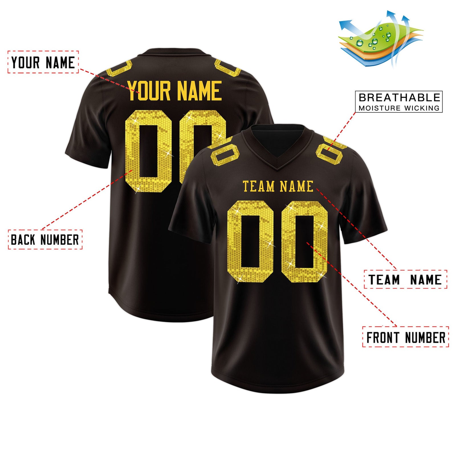 Custom Brown Gold sequin lettering Stretch Fabric Football Jersey| KXKSHOP