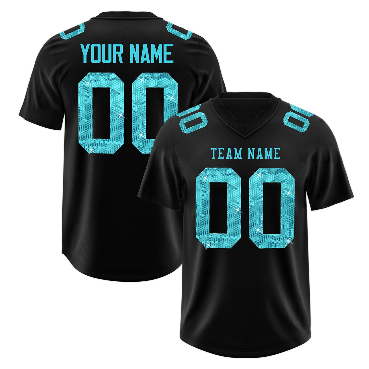 Custom Black Sky Blue sequin lettering Breathable Football Jersey| KXKSHOP