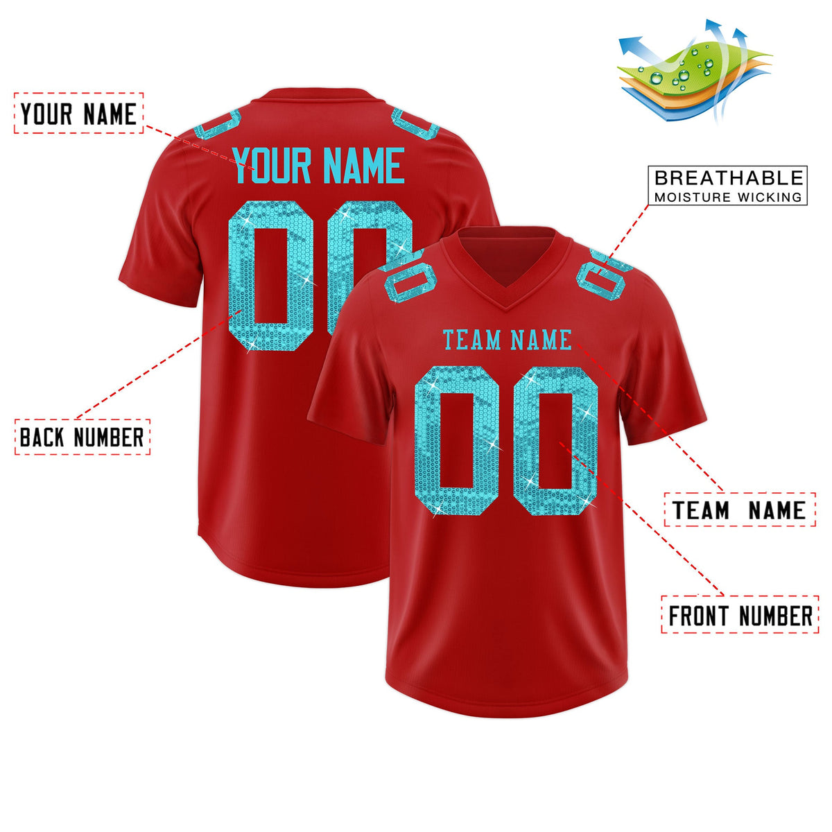 Custom Red Sky Blue sequin lettering Stretch Fabric Football Jersey| KXKSHOP