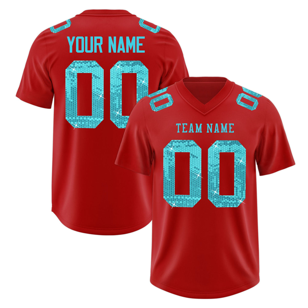 Custom Red Sky Blue sequin lettering Stretch Fabric Football Jersey| KXKSHOP
