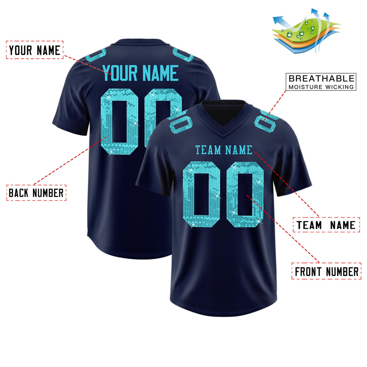 Custom Navy Sky Blue sequin lettering Moisture-Wicking Football Jersey| KXKSHOP