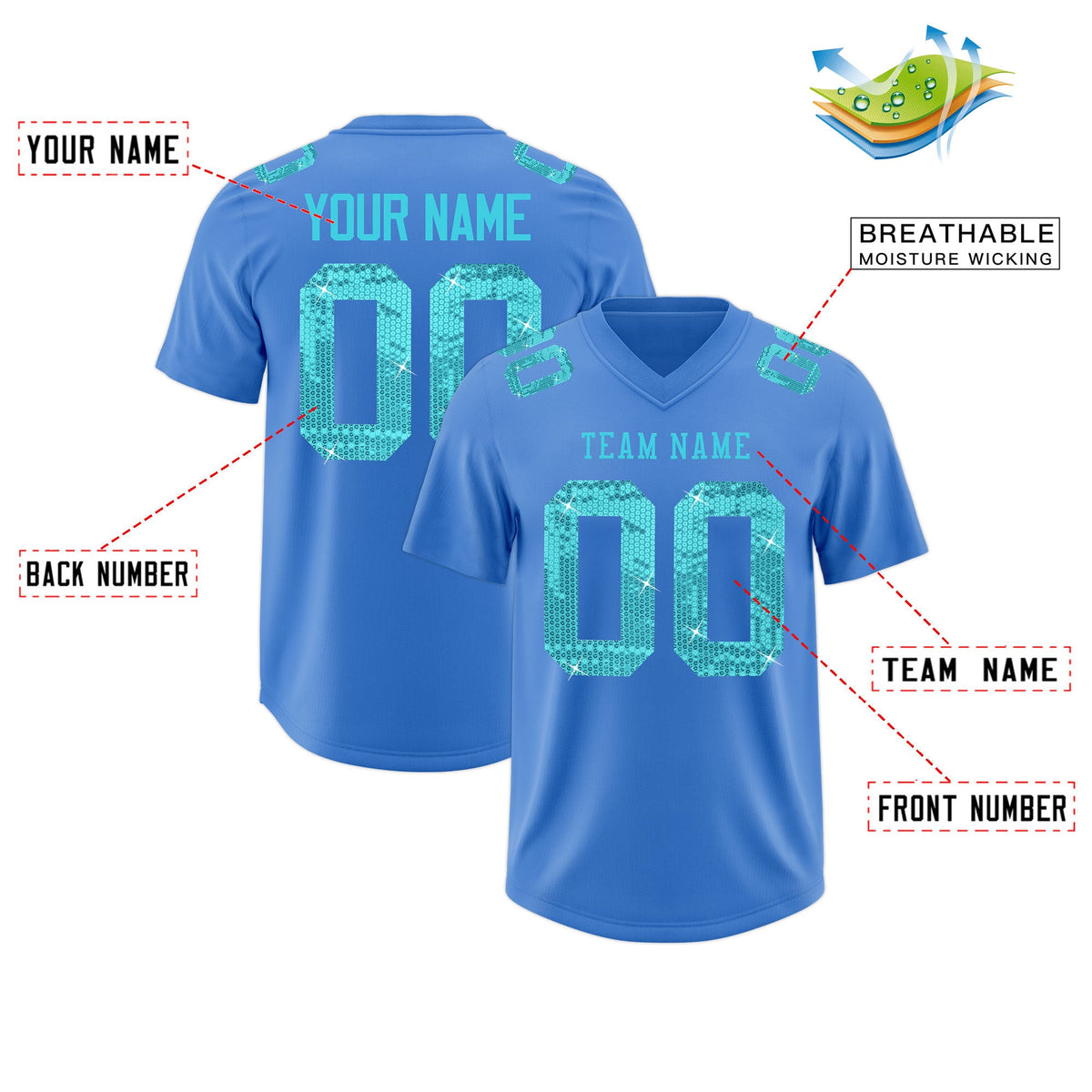 Custom Powder Blue Sky Blue sequin lettering Stretch Fabric Football Jersey| KXKSHOP