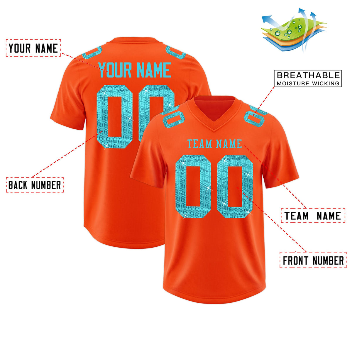Custom Orange Sky Blue sequin lettering Breathable Football Jersey| KXKSHOP