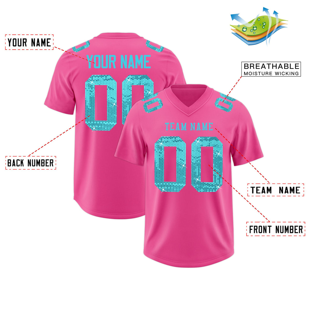 Custom Pink Sky Blue sequin lettering Stretch Fabric Football Jersey| KXKSHOP
