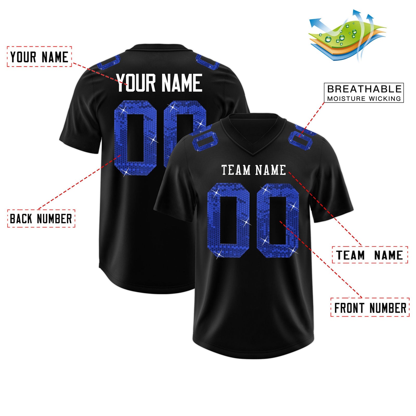 Custom Black White sequin lettering Stretch Fabric Football Jersey| KXKSHOP