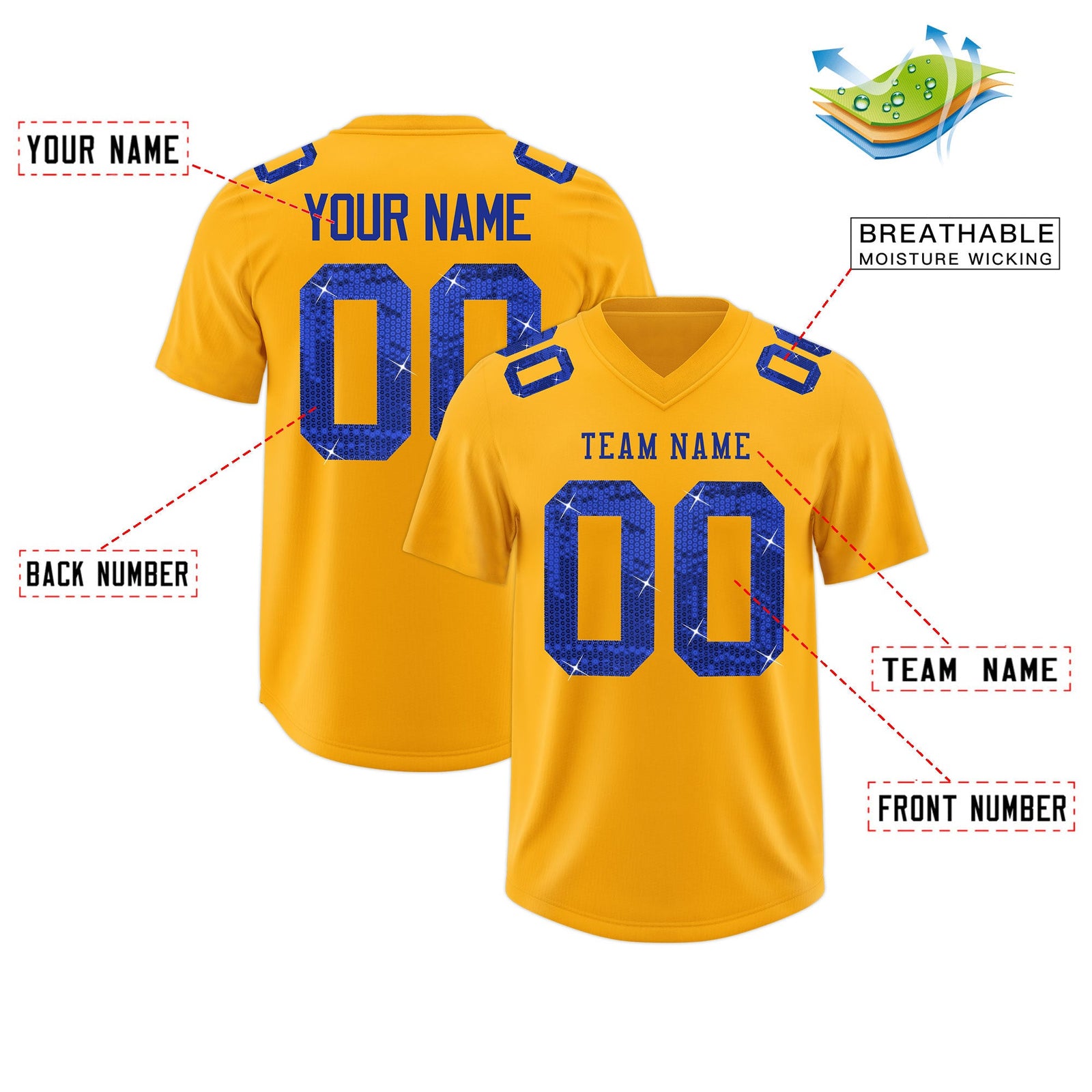 Custom Yellow Royal Blue sequin lettering Breathable Football Jersey| KXKSHOP