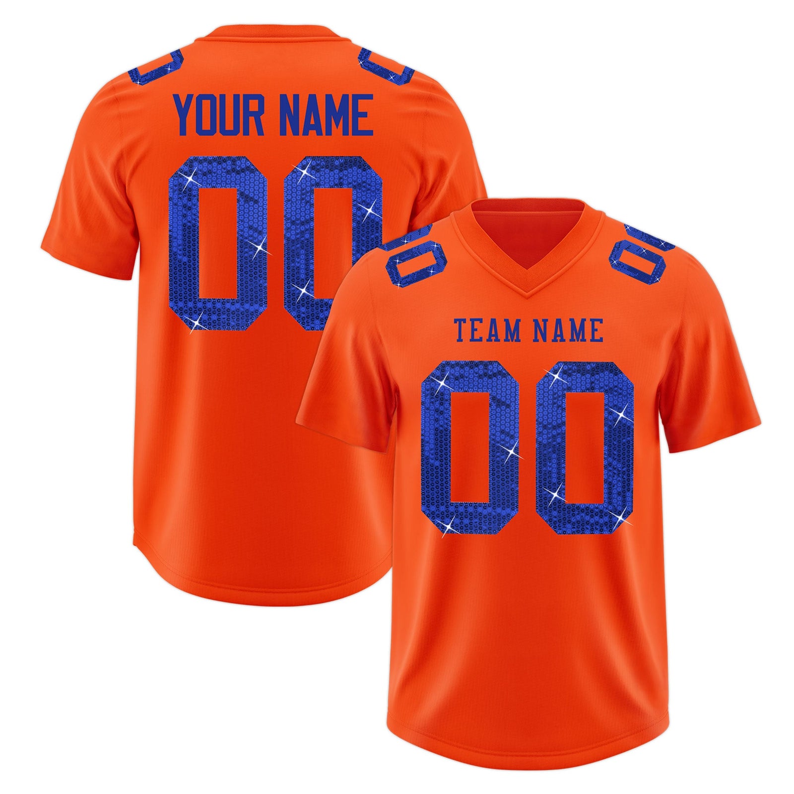 Custom Orange Royal Blue sequin lettering Stretch Fabric Football Jersey| KXKSHOP