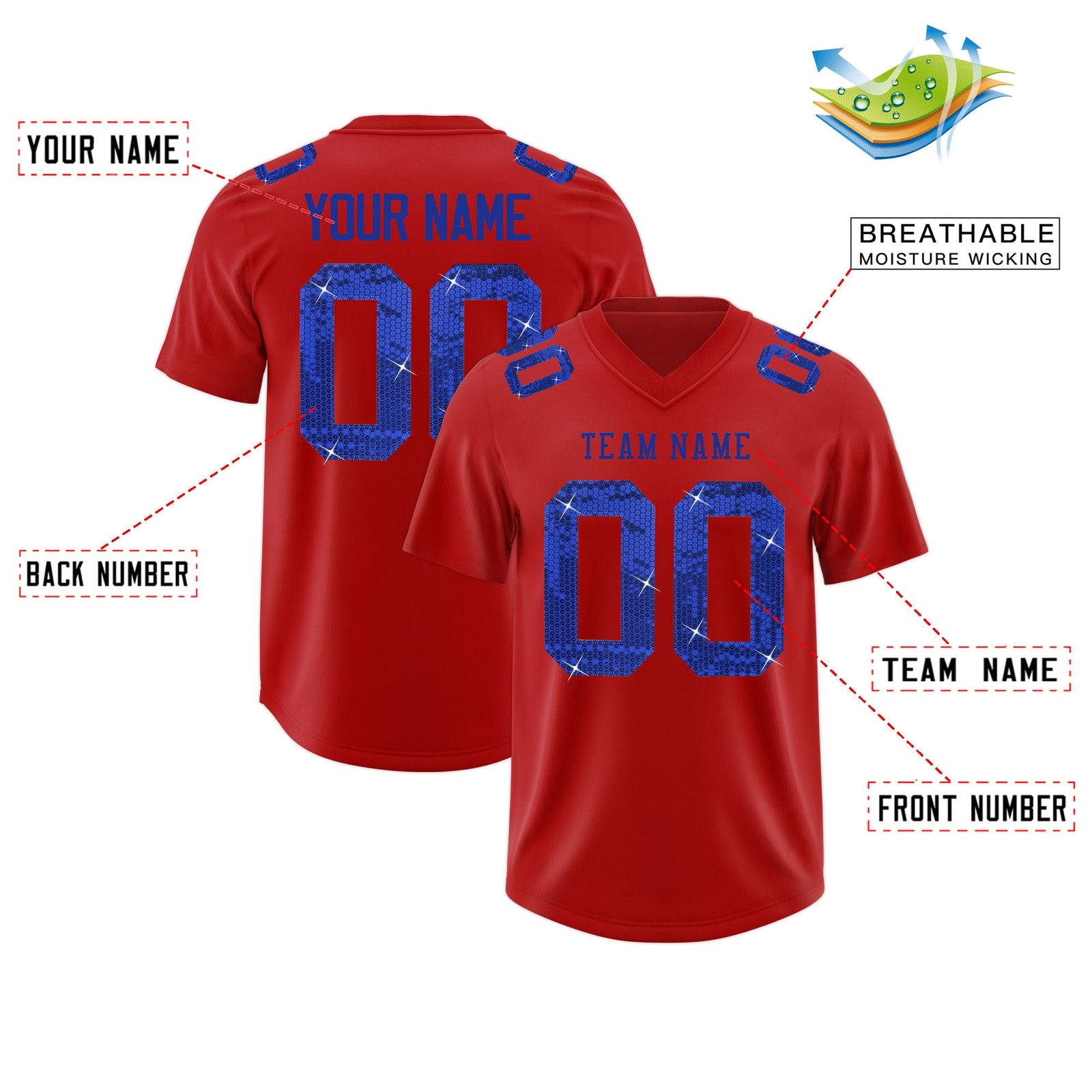 Custom Red Royal Blue sequin lettering Moisture-Wicking Football Jersey| KXKSHOP