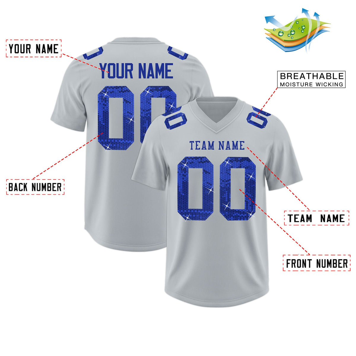 Custom Silver Royal Blue sequin lettering Breathable Football Jersey| KXKSHOP
