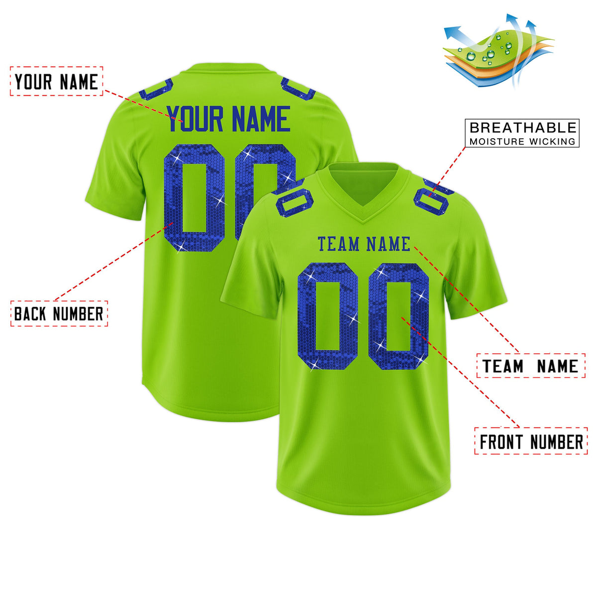 Custom Neon Green Royal Blue sequin lettering Stretch Fabric Football Jersey| KXKSHOP