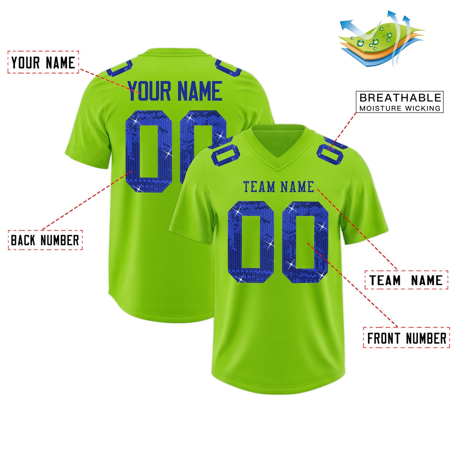 Custom Neon Green Royal Blue sequin lettering Stretch Fabric Football Jersey| KXKSHOP