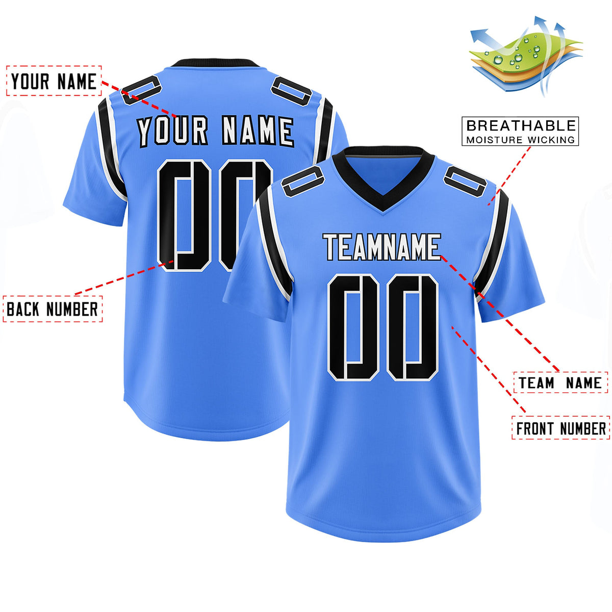 Custom Powder Blue Personalized Shoulder Cut Two-Tone Authentic Football Jersey