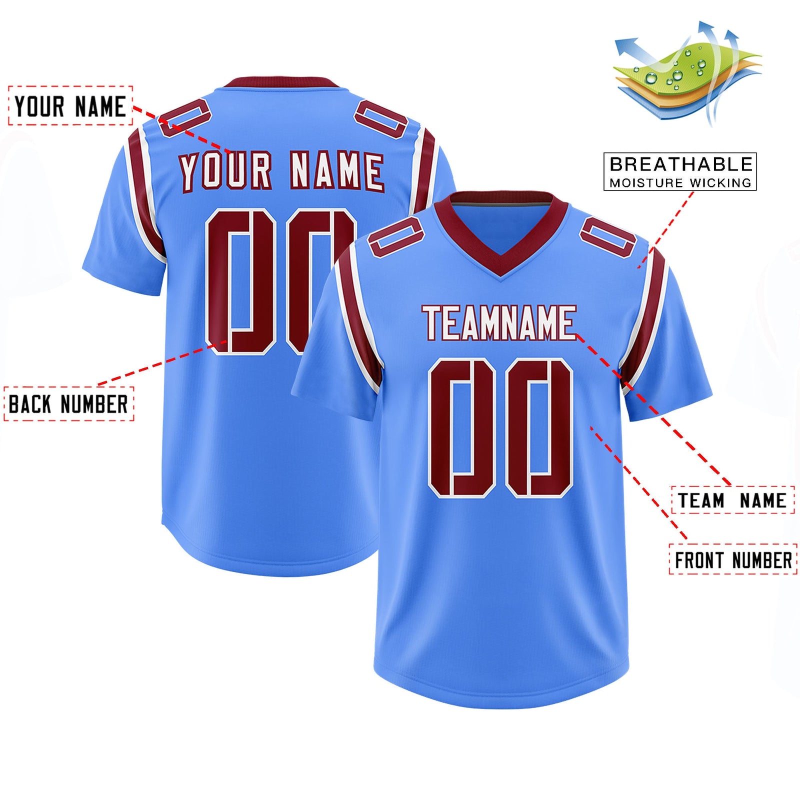 Custom Powder Blue Personalized Shoulder Cut Two-Tone Authentic Football Jersey