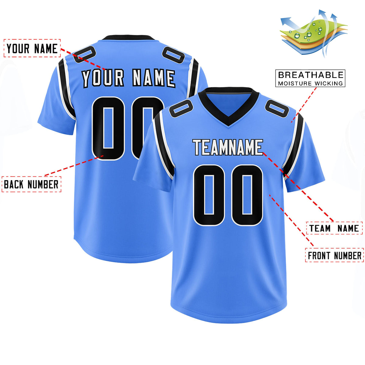 Custom Powder Blue Personalized Shoulder Cut Two-Tone Authentic Football Jersey