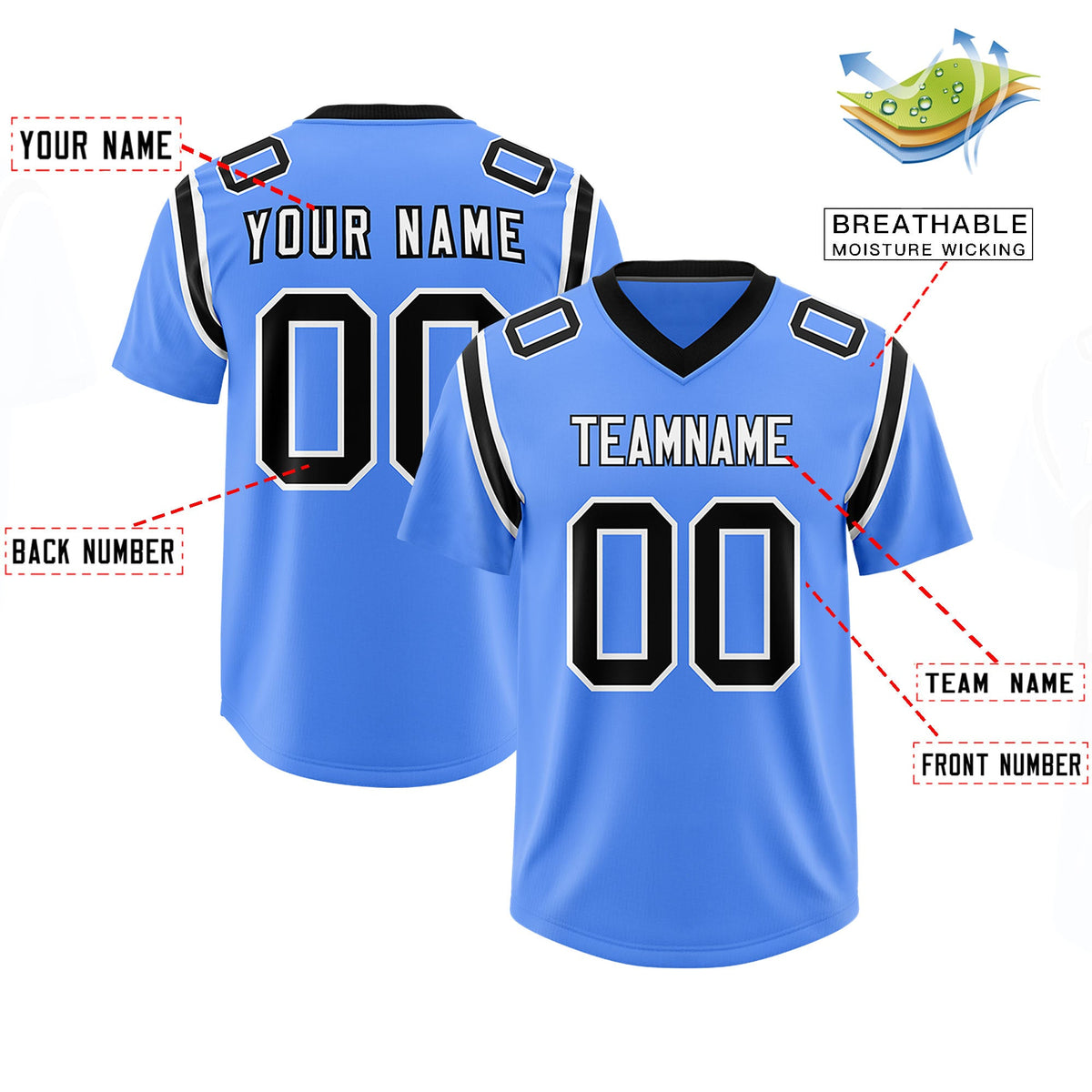Custom Powder Blue Personalized Shoulder Cut Two-Tone Authentic Football Jersey