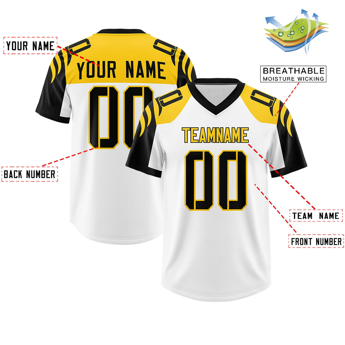 Custom White Black Raglan Sleeves Personalized Pattern Authentic Football Jersey