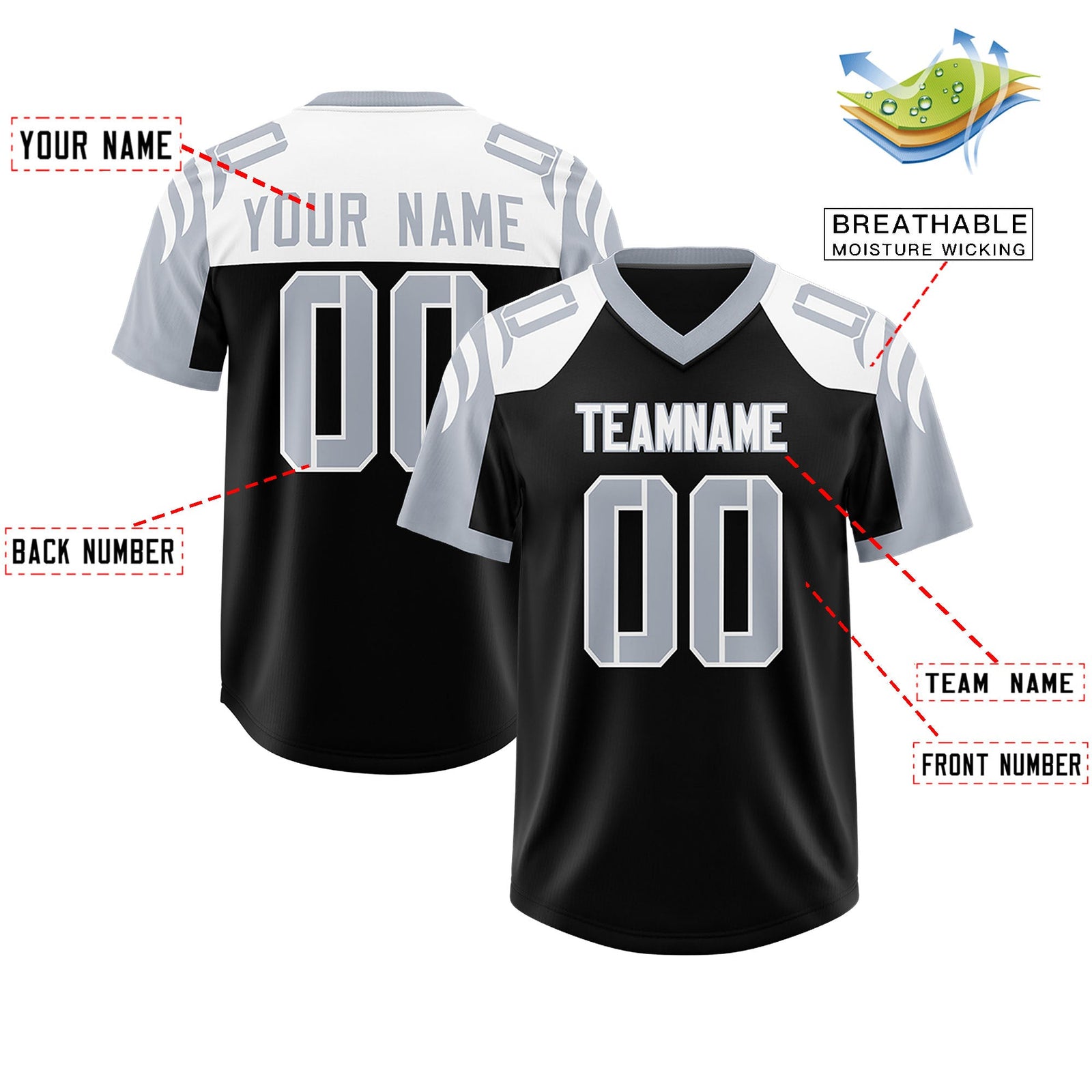 Custom Black Silver Raglan Sleeves Personalized Pattern Authentic Football Jersey