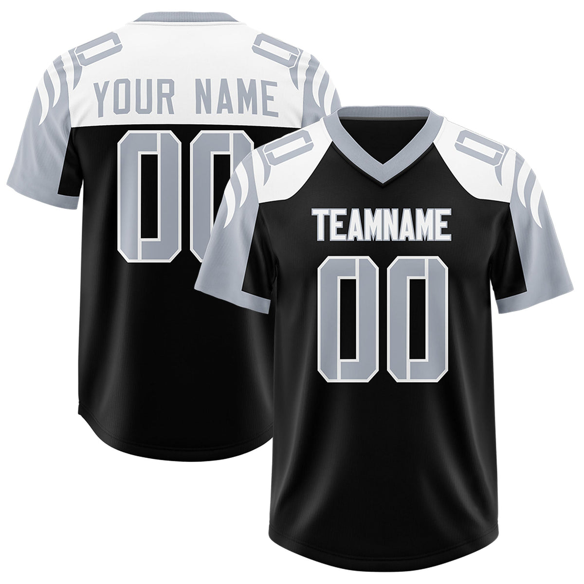 Custom Black Silver Raglan Sleeves Personalized Pattern Authentic Football Jersey