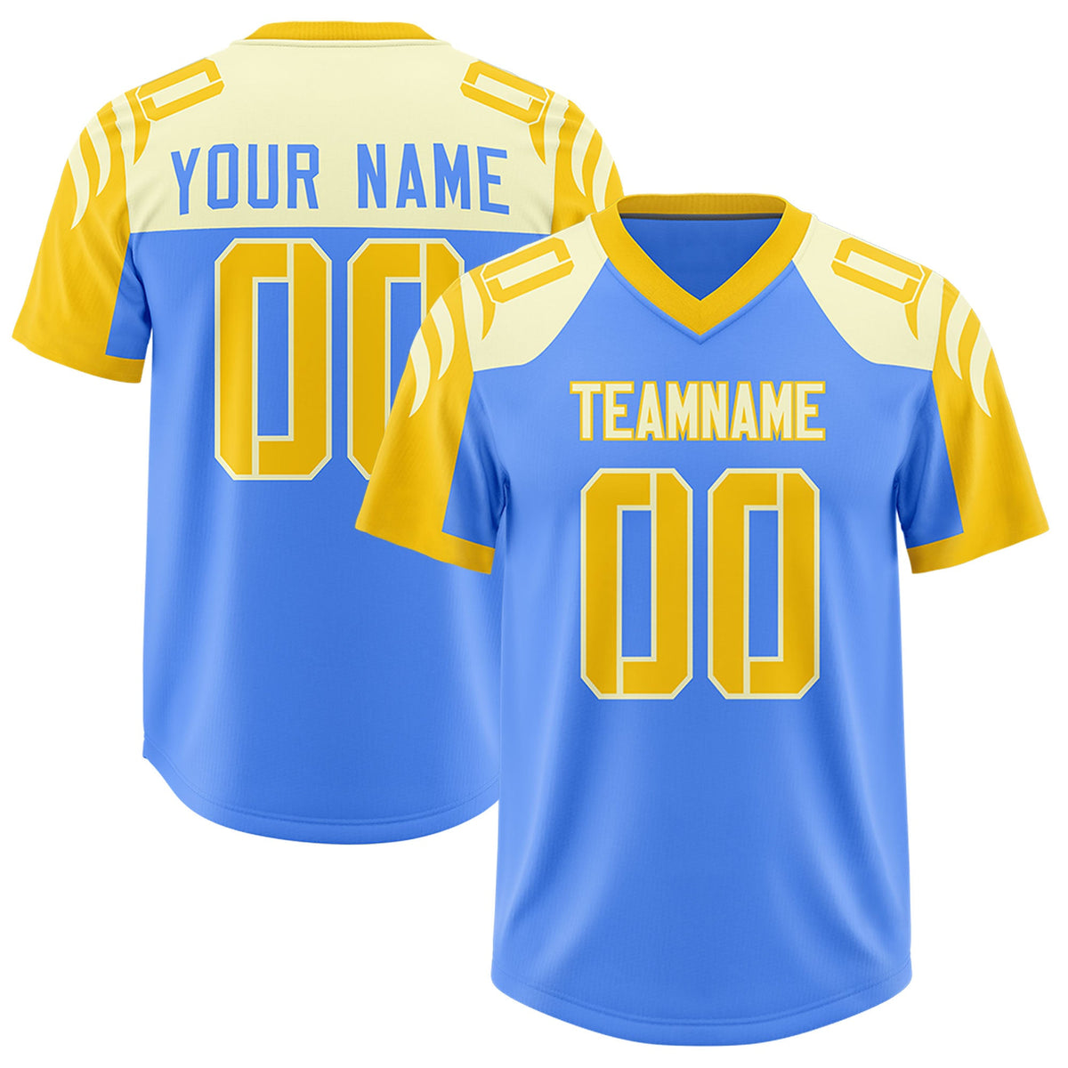 Custom Powder Blue Gold Raglan Sleeves Personalized Pattern Authentic Football Jersey