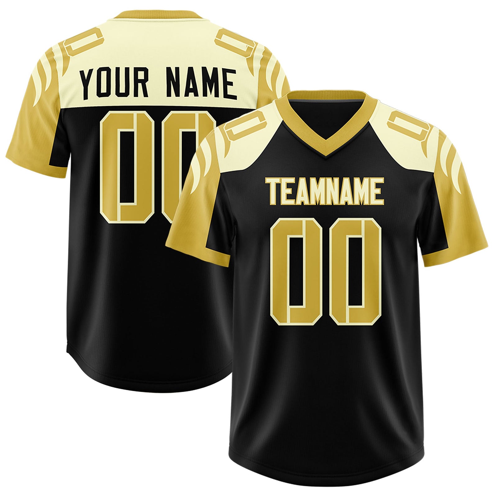 Custom Black Old Gold Raglan Sleeves Personalized Pattern Authentic Football Jersey