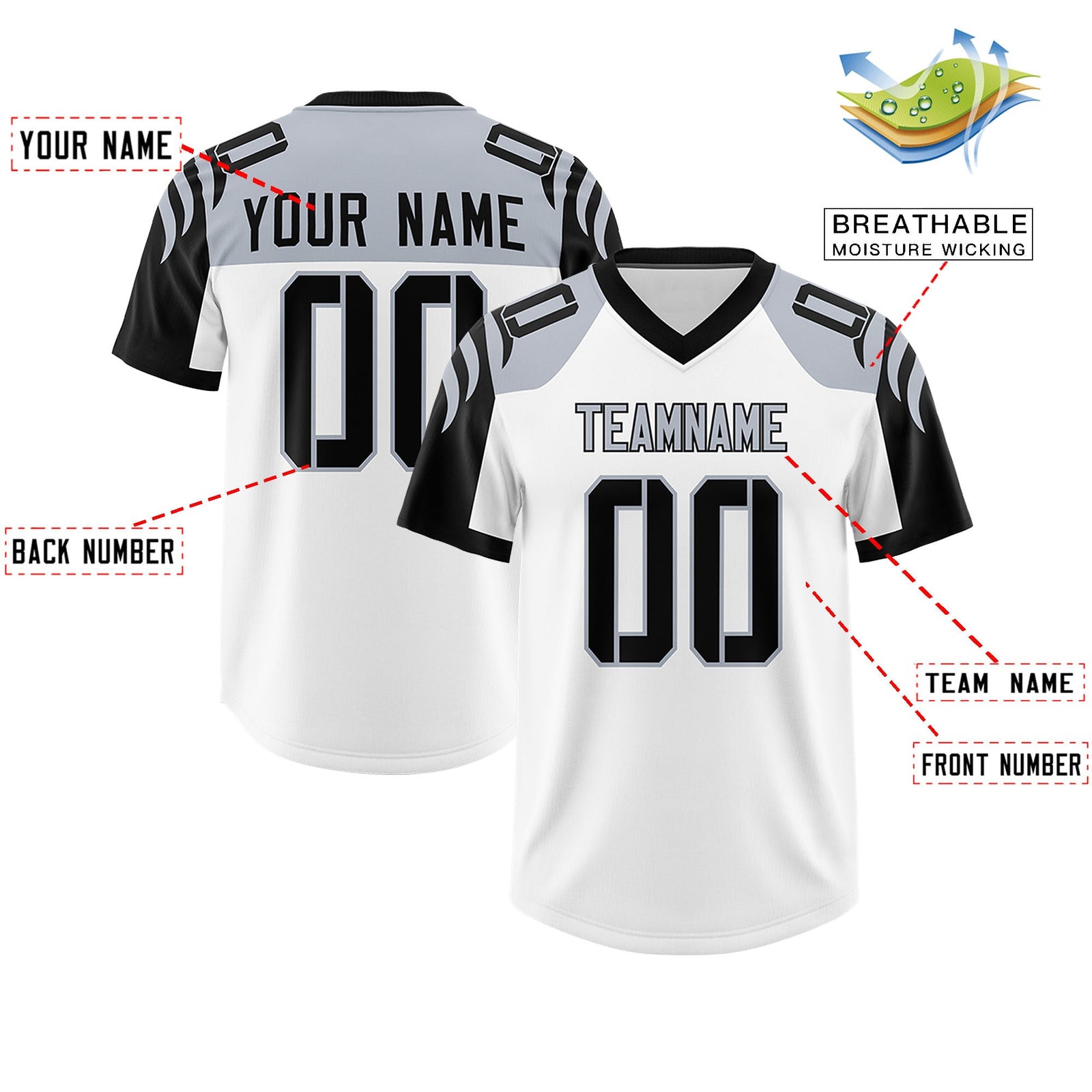 Custom White Black Raglan Sleeves Personalized Pattern Authentic Football Jersey