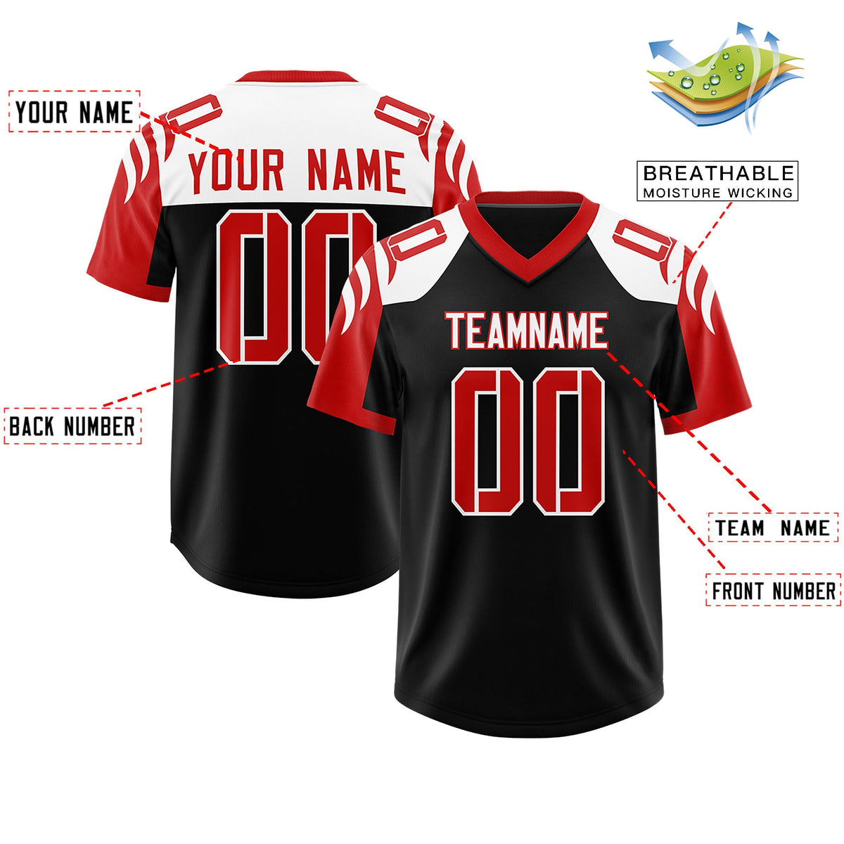 Custom Black Red Raglan Sleeves Personalized Pattern Authentic Football Jersey