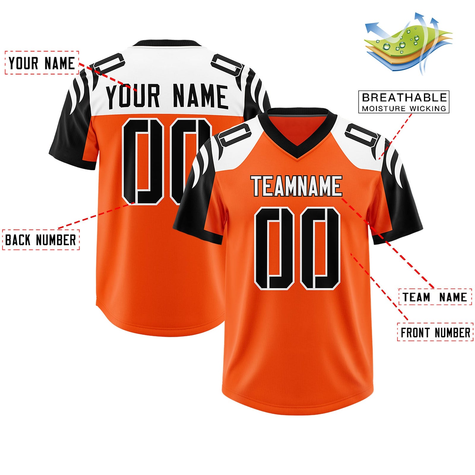 Custom Orange Black Raglan Sleeves Personalized Pattern Authentic Football Jersey