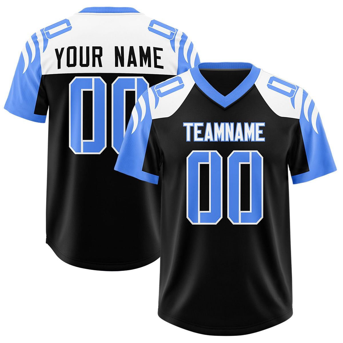 Custom Black Powder Blue Raglan Sleeves Personalized Pattern Authentic Football Jersey