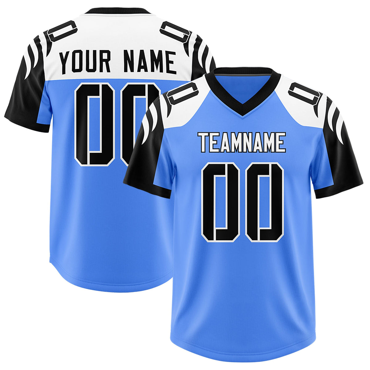 Custom Powder Blue Black Raglan Sleeves Personalized Pattern Authentic Football Jersey