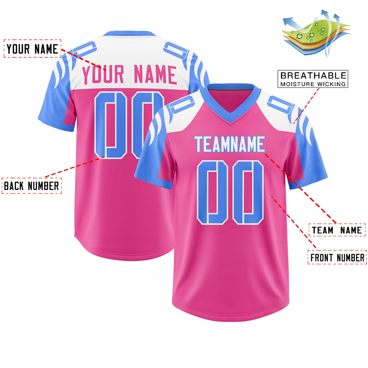 Custom Pink Powder Blue Raglan Sleeves Personalized Pattern Authentic Football Jersey