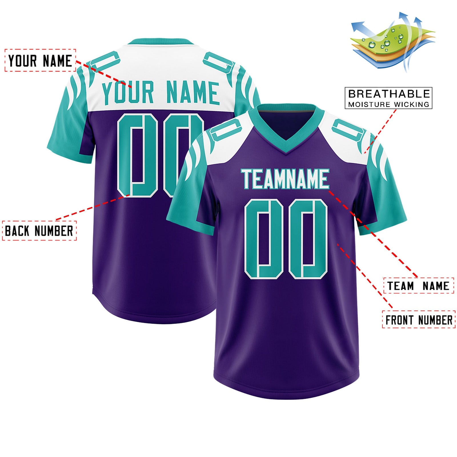 Custom Purple Aqua Raglan Sleeves Personalized Pattern Authentic Football Jersey